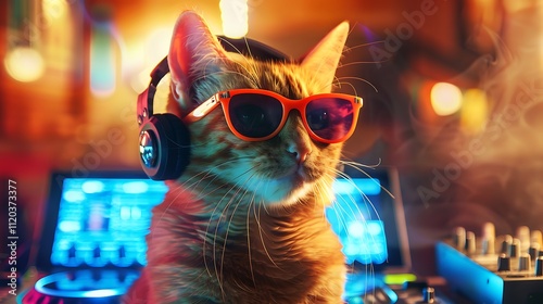 Chic golden cat with earplugs and shades playing music like a dj rockey photo