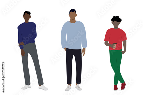 Young modern african american guys posing, faceless illustration, flat style, isolate on white