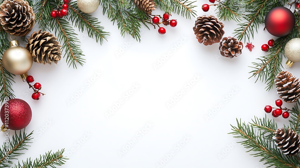 Christmas background with pine cones, fir branches, red berries, and ornaments on a white surface, providing ample copy space. Christmas background with pine cones, fir branches, red berries, and ornaments on a white surface, providing ample copy space.