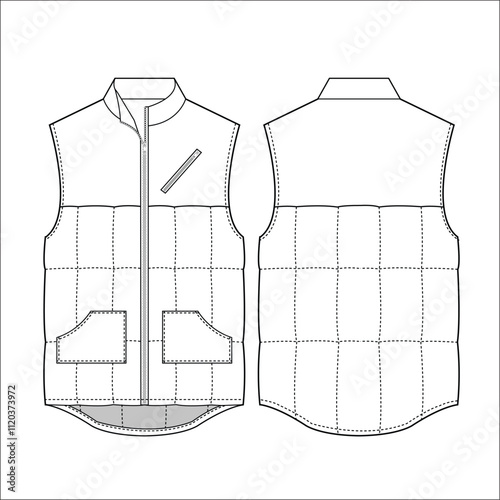 Puffer vest template design. Winter men and women coat.