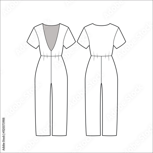 Women's open front jumpsuit design flat sketch fashion illustration with front and back view, long sleeve
