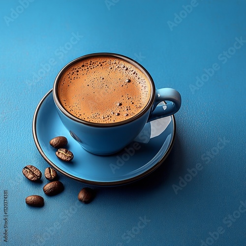 Tazas de café sobre un fondo azul, concepto comercial de venta de productos photo