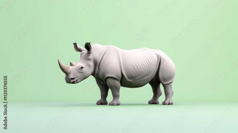 Fototapeta premium A stylized rhinoceros sculpture against a pastel green background.