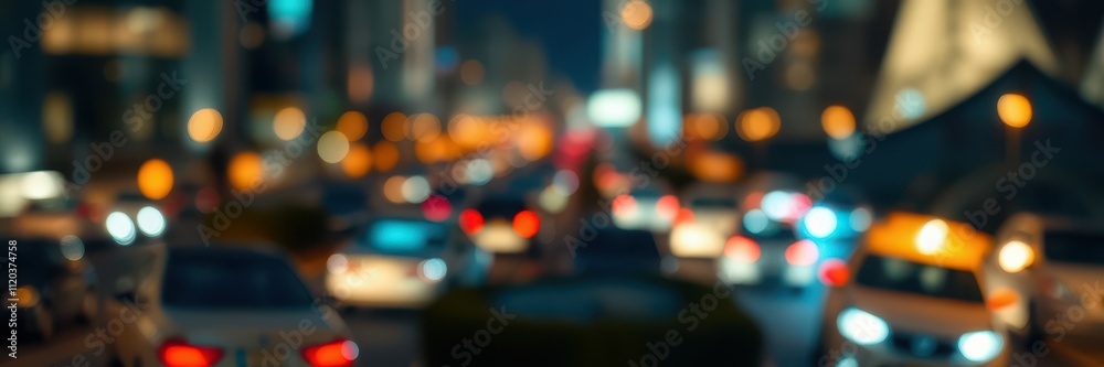 Urban nightlife captures busy street scene filled with vehicles and electric lights during evening hours Urban nightlife captures busy street scene filled with vehicles and electric lights during evening hours