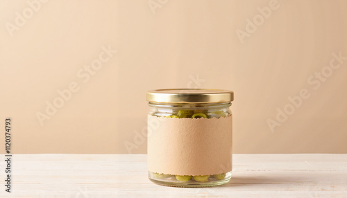 Glass jar mockup with golden lid on wooden table for food product branding and presentation