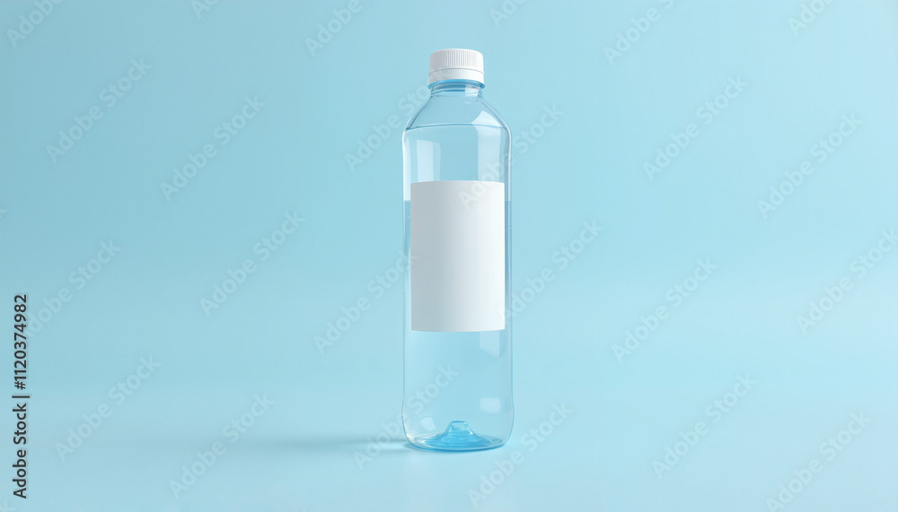 Bottle label mockup on blue background for branding and product presentation concept with copy space