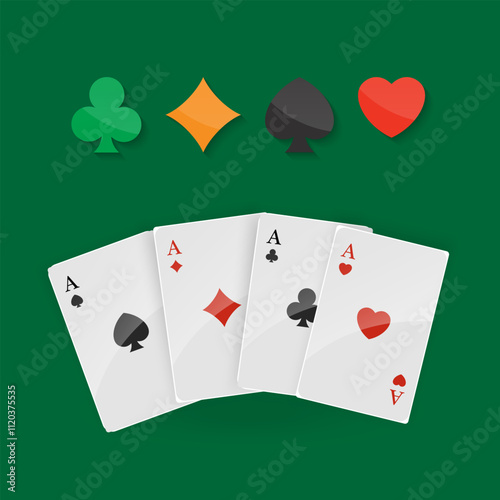 Playing cards, dice, card suits game, casino, poker, gambling, game, fun concept. Isolated elements Vector illustration