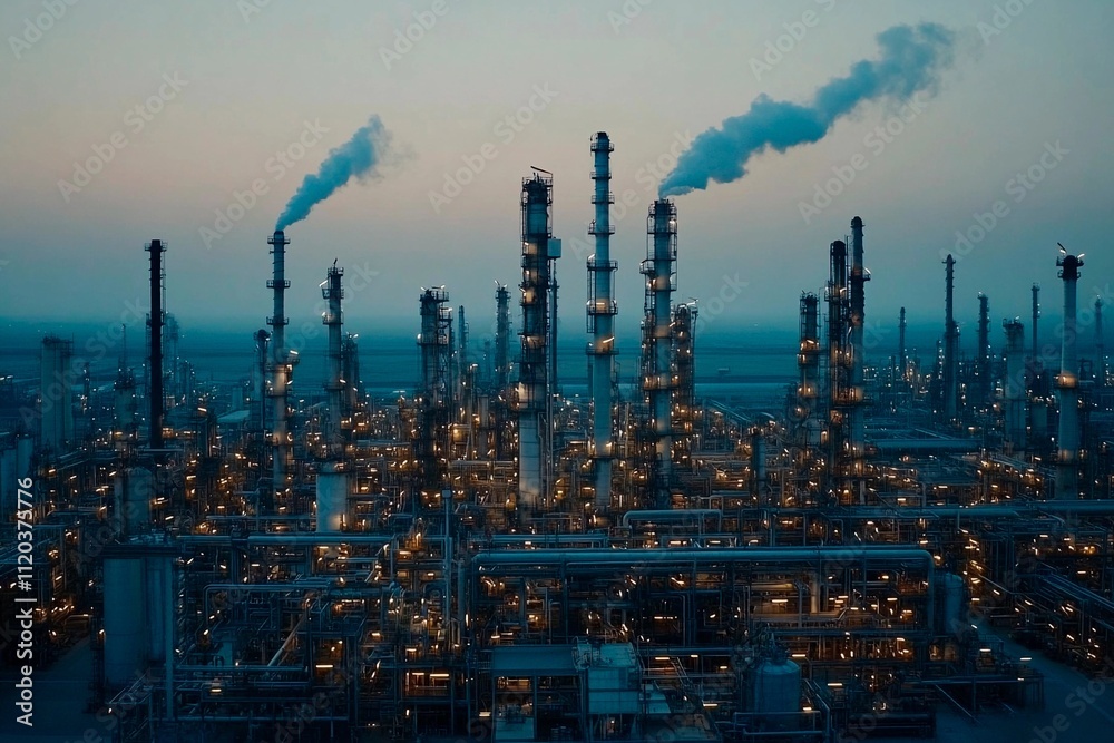 Obraz premium Industrial landscape at twilight with towering smokestacks and glowing lights. Generative AI