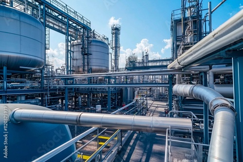 Industrial landscape showing complex machinery and infrastructure under blue skies. Generative AI photo