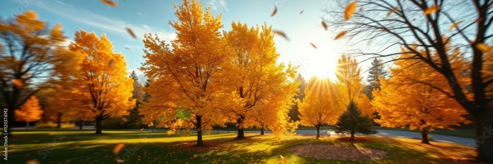 Vibrant autumn trees create a stunning landscape as golden leaves fall in a serene park during sunset Vibrant autumn trees create a stunning landscape as golden leaves fall in a serene park during sunset