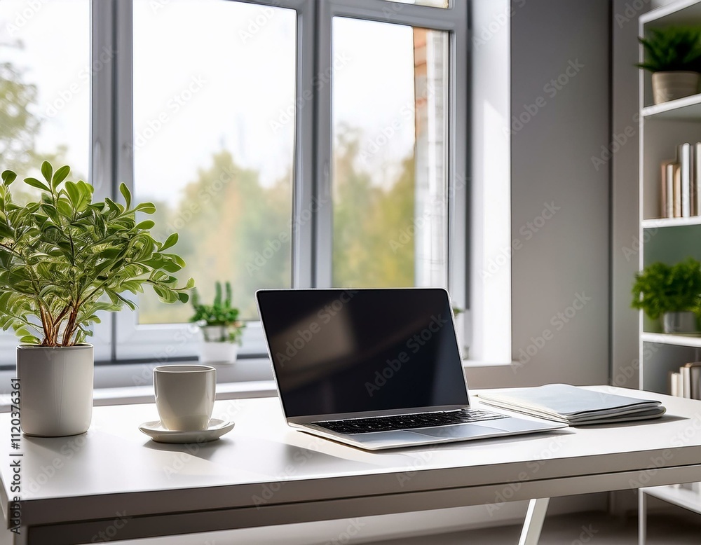 A stylish, tidy office with Scandinavian design: a simple white desk featuring a laptop, a cup of coffee, and a small green plant. large windows let in natural light. Perfect for business A stylish, tidy office with Scandinavian design: a simple white desk featuring a laptop, a cup of coffee, and a small green plant. large windows let in natural light. Perfect for business