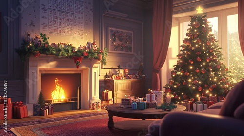 A cozy living room is decorated for the Christmas season. A fireplace crackles merrily, casting a warm glow on the festively decorated Christmas tree. An Advent calendar hangs on the wall