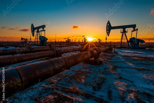 Wallpaper Mural Majestic sunset over oil pumps in a vast landscape of extraction. Generative AI Torontodigital.ca