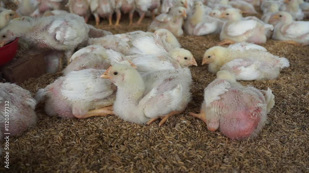 Broiler chicks on a small poultry farm, Group of small broiler chickens on a poultry farm, White small broiler chickens are being raised on a farm Broiler chicks on a small poultry farm, Group of small broiler chickens on a poultry farm, White small broiler chickens are being raised on a farm