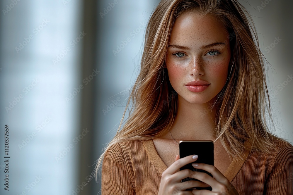 Businesswoman confidently uses fintech app on smartphone in modern high-rise office with organized documents and city view Businesswoman confidently uses fintech app on smartphone in modern high-rise office with organized documents and city view