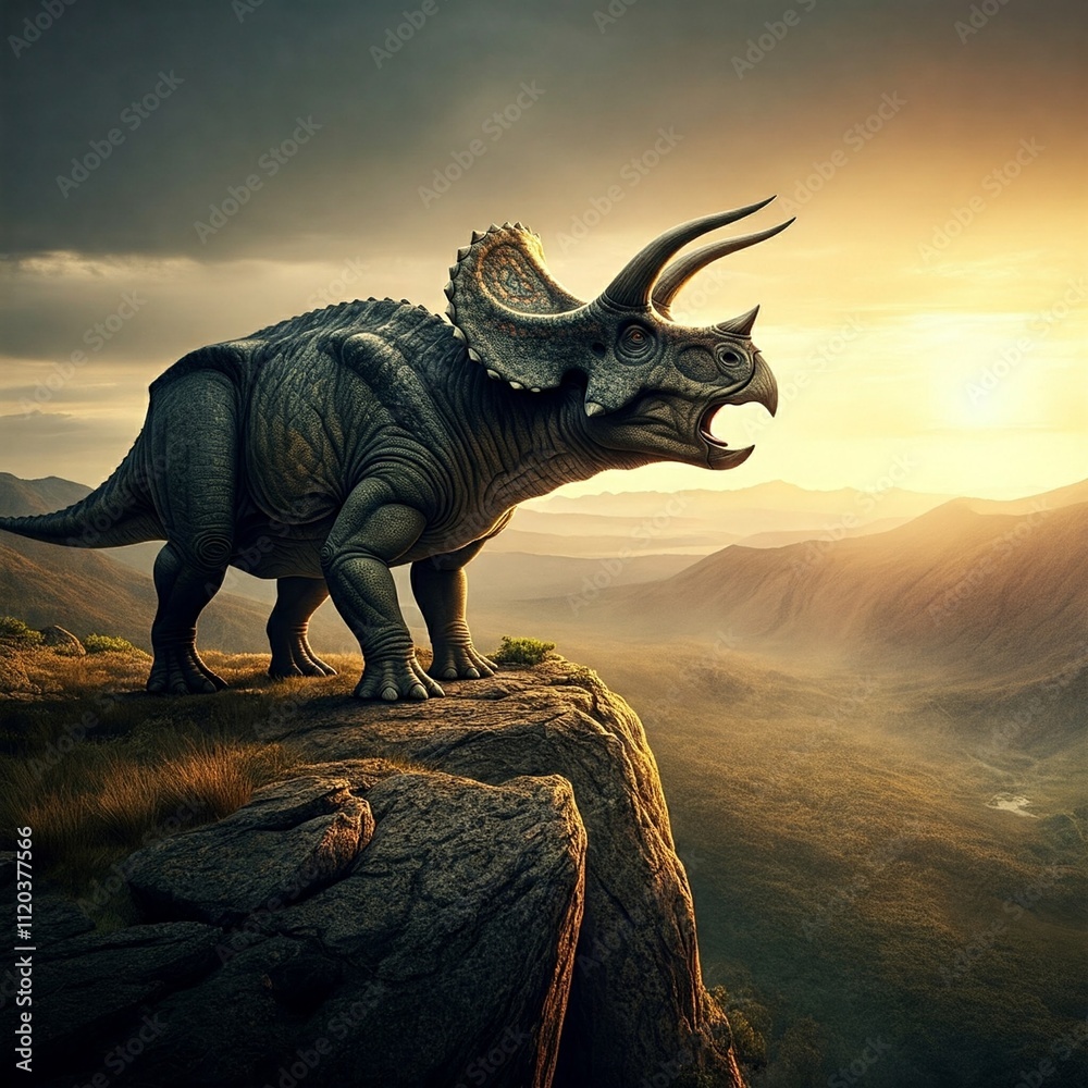 Fototapeta premium A Triceratops roaring from a rocky cliff, overlooking a vast prehistoric valley