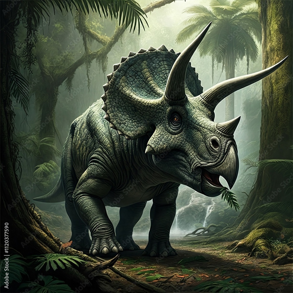 Fototapeta premium A realistic close-up of a Triceratops grazing on vegetation in a prehistoric jungle