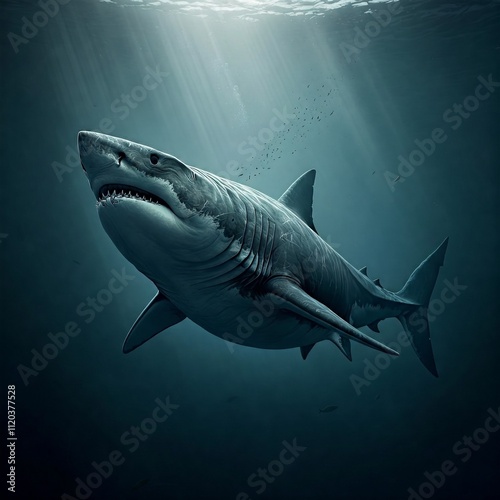 A Megalodon lurking in the deep, illuminated by faint beams of light breaking through the dark ocean photo