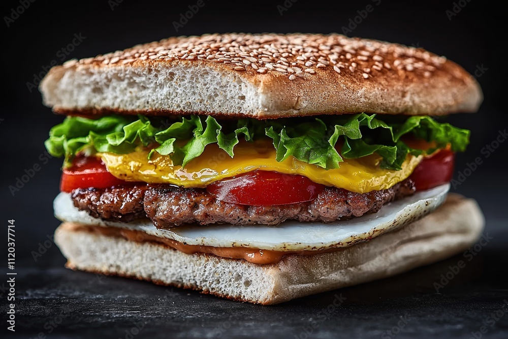 Unique hamburger with tapioca bread, meat, egg, lettuce, and cheese garnished for a savory meal Unique hamburger with tapioca bread, meat, egg, lettuce, and cheese garnished for a savory meal