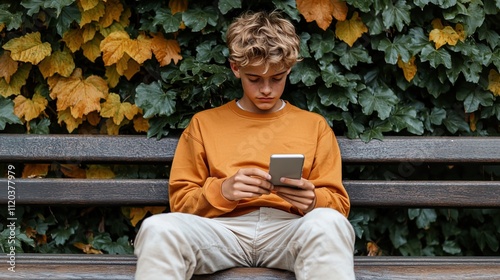 Teenager enjoying a moment of relaxation on a park bench, immersed in their smartphone in a vibrant green space surrounded by autumn foliage photo