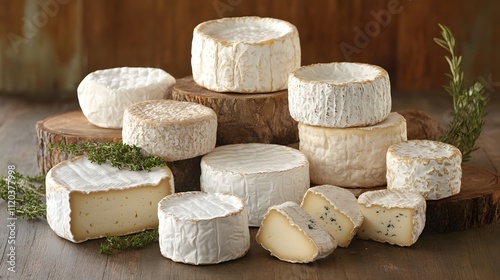 Assorted French Cheeses Arranged On Wooden Slices