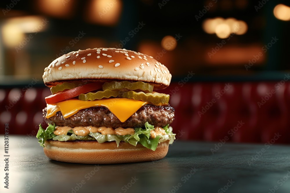 Delicious towering burger with grilled beef, cheese, lettuce, and sauce in a vintage diner setting filled with nostalgia Delicious towering burger with grilled beef, cheese, lettuce, and sauce in a vintage diner setting filled with nostalgia