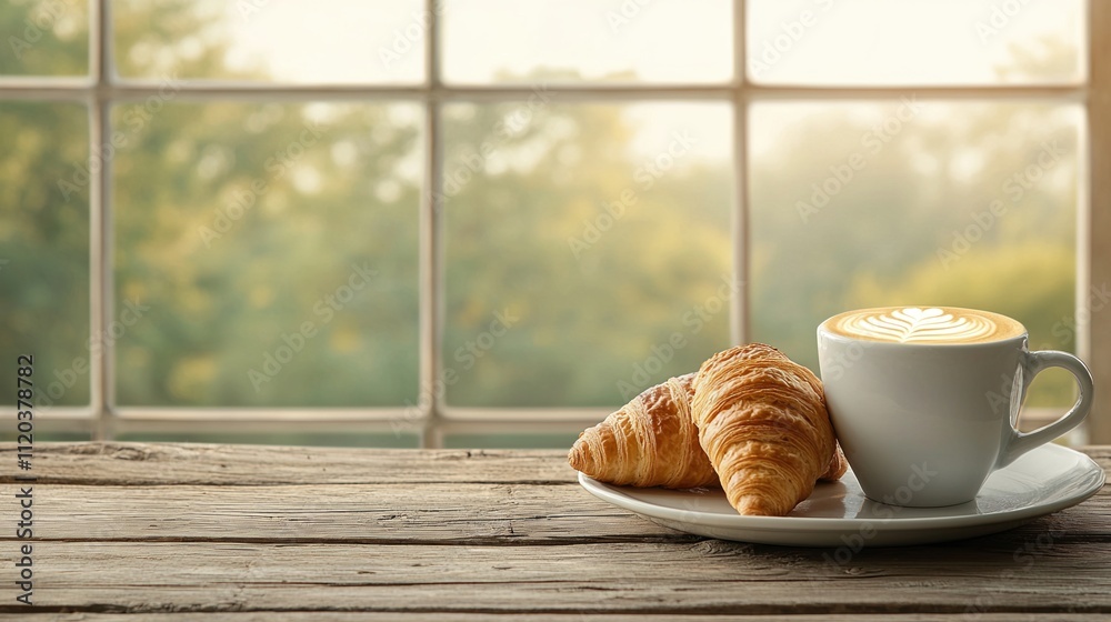 Artisanal coffee in a boutique cafe with perfect latte art, fresh croissants, and morning light through French windows Artisanal coffee in a boutique cafe with perfect latte art, fresh croissants, and morning light through French windows