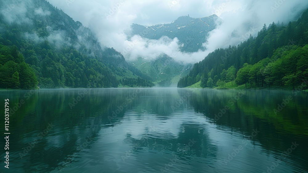 Naklejka premium Serene mountain lake reflecting misty peaks and lush forests.