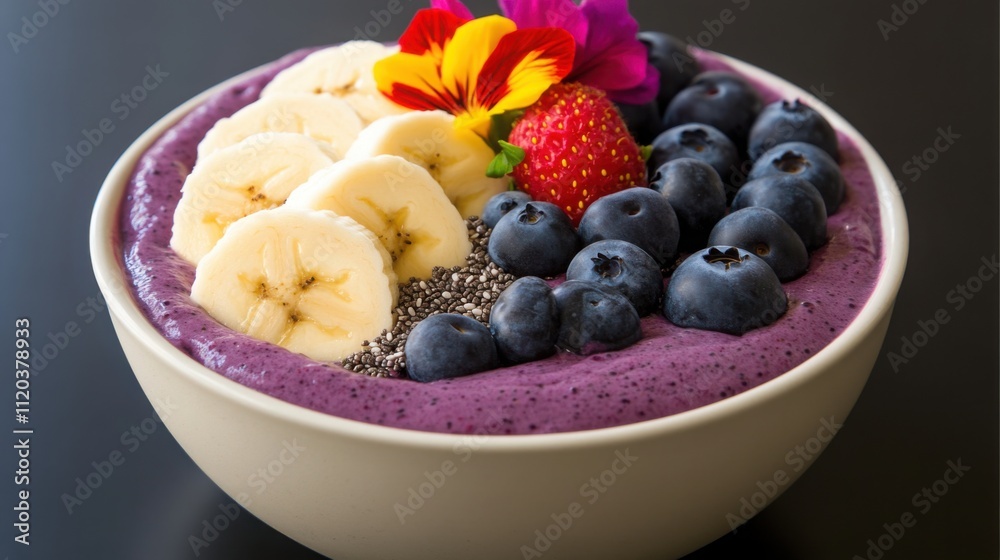a colorful bowl of smoothie topped with fresh berries, sliced bananas, chia seeds, and edible flowers a colorful bowl of smoothie topped with fresh berries, sliced bananas, chia seeds, and edible flowers