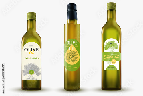 Set template design for branding olive oil on glass bottle. 3d realistic mockup isolated on white background.