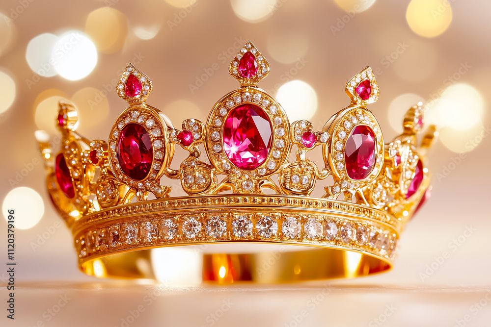 A magnificent golden crown featuring ruby inlays sparkles beautifully, showcasing elegance and craftsmanship A magnificent golden crown featuring ruby inlays sparkles beautifully, showcasing elegance and craftsmanship
