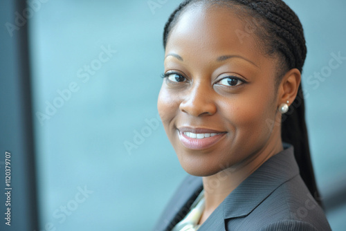Professional woman smiling in a corporate setting