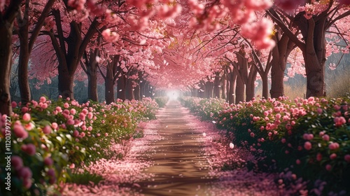 Serene path through blossoming cherry trees and pink flowers.