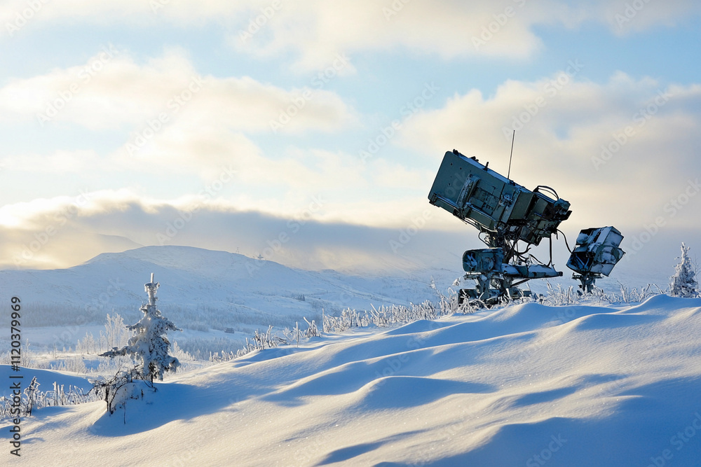 Obraz premium Snowy mountain landscape with surveillance equipment in winter