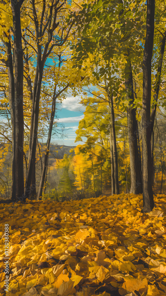 A scenic view of a forest with autumn foliage, featuring tall trees with yellow leaves and a distant mountain under a clear sky.