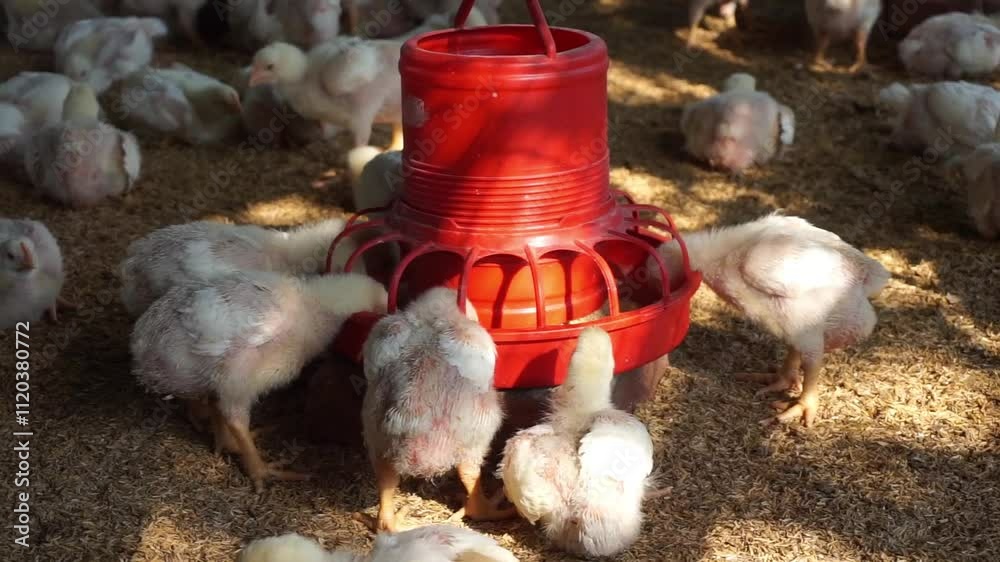 A flock of tiny chickens are eating from the feeder shot from above, A group of chickens are being fed on a chicken farm, Upper view of small chicks eating on the farm