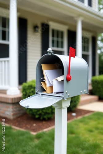 Suburban home with an open mailbox full of mail, illustrating daily postal service