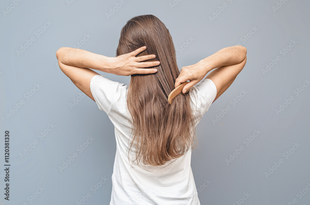 Woman in white t-shirt combing natural long hair. Rear view on gray background, isolated. Hair care. Woman in white t-shirt combing natural long hair. Rear view on gray background, isolated. Hair care.