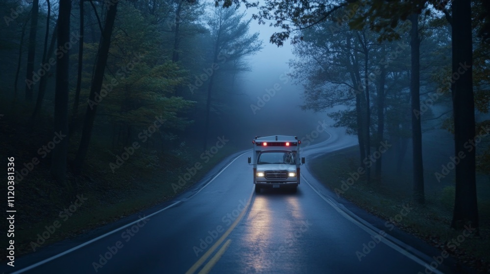 Emergency vehicle responding on a foggy road rural area photography nighttime side view urgency and safety concept Emergency vehicle responding on a foggy road rural area photography nighttime side view urgency and safety concept