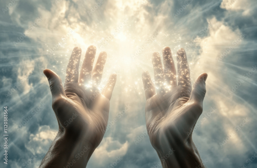 A pair of hands reach for the sky, illuminating a digital network connection in the background, creating a sense of wonder at the future potential of technology. A pair of hands reach for the sky, illuminating a digital network connection in the background, creating a sense of wonder at the future potential of technology.