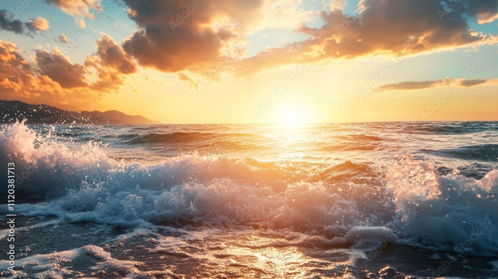 Golden sunset over crashing ocean waves Golden sunset over crashing ocean waves