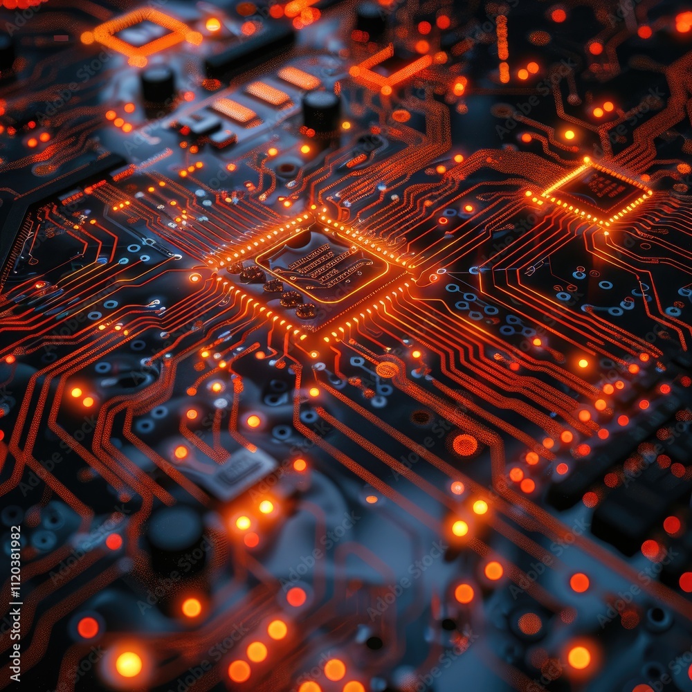 Close-up of a glowing circuit board with intricate pathways Close-up of a glowing circuit board with intricate pathways
