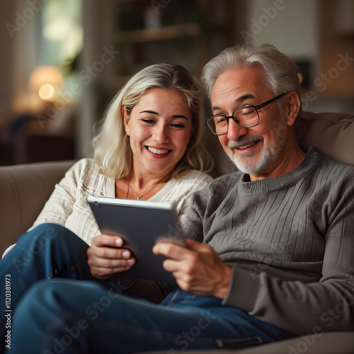 Happy middle aged couple using digital tablet relaxing on couch at home. Smiling mature man and woman holding tab browsing internet on pad device sitting on sofa in living room 