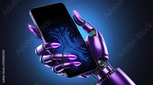 Purple robot hand phone wallpaper, futuristic technology photo