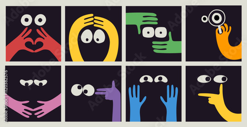 Comic emoji color icons with hands and eyes. Various finger gestures, signs and symbols. Vector cartoon abstract trendy flat isolated face emotions set photo