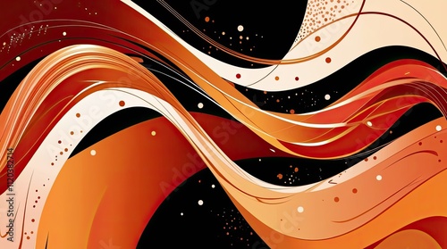 Abstract wavy pattern with swirling lines and dots in shades of orange and black