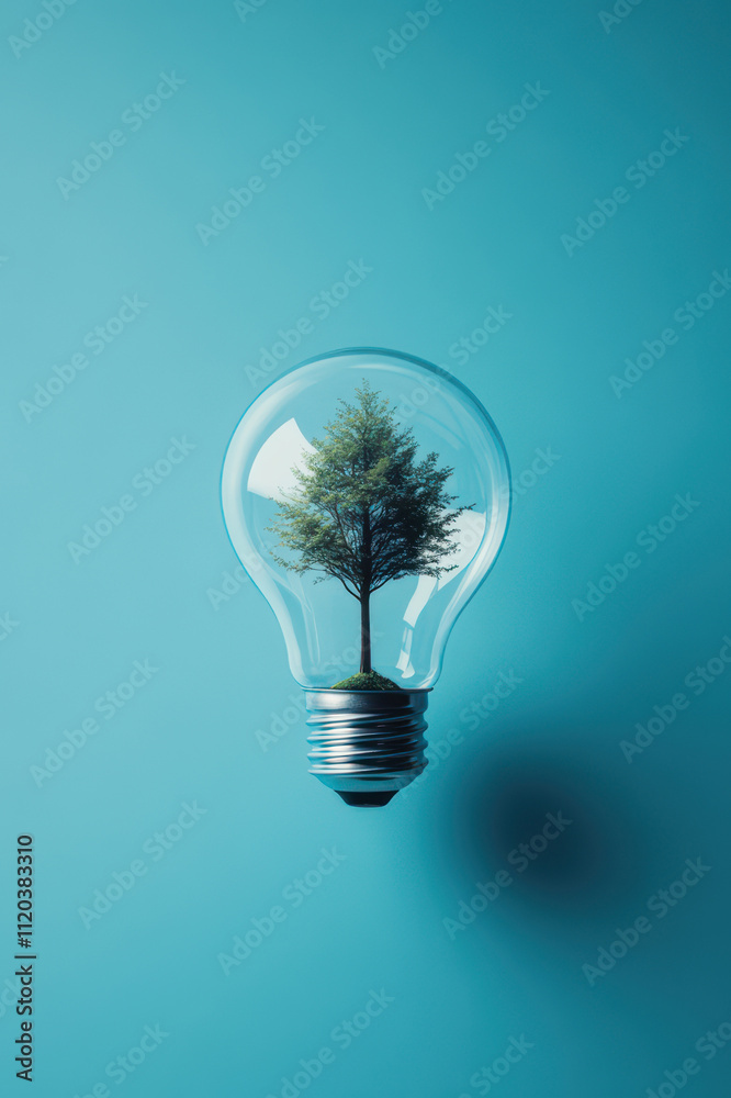 Innovative light bulb showcases tree growing inside on blue background Innovative light bulb showcases tree growing inside on blue background