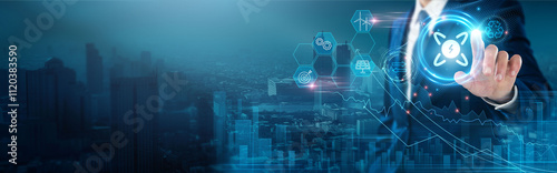 Energy Technology: Renewable resources, sustainability, efficiency, innovation, grid management, smart solutions, businessman touch energy technology network, integration.