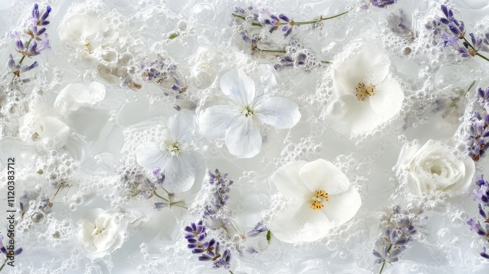 A gentle display of pale lavender and white flowers floating on a bright white backdrop, evoking a peaceful, calm ambiance.