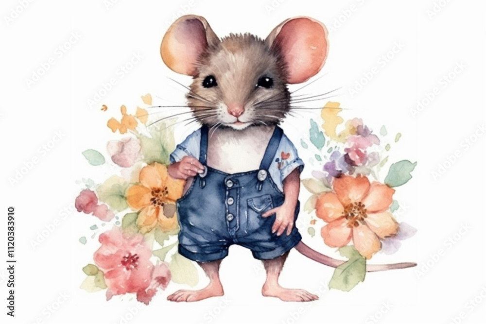 cute little mouse in blue jumpsuit. watercolor cartoon style., watercolor style